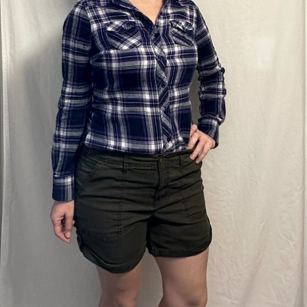 Forever 21 Purple Plaid Western Flannel Shirt - 100% Cotton - Size Small Petite - Picture 3 of 10